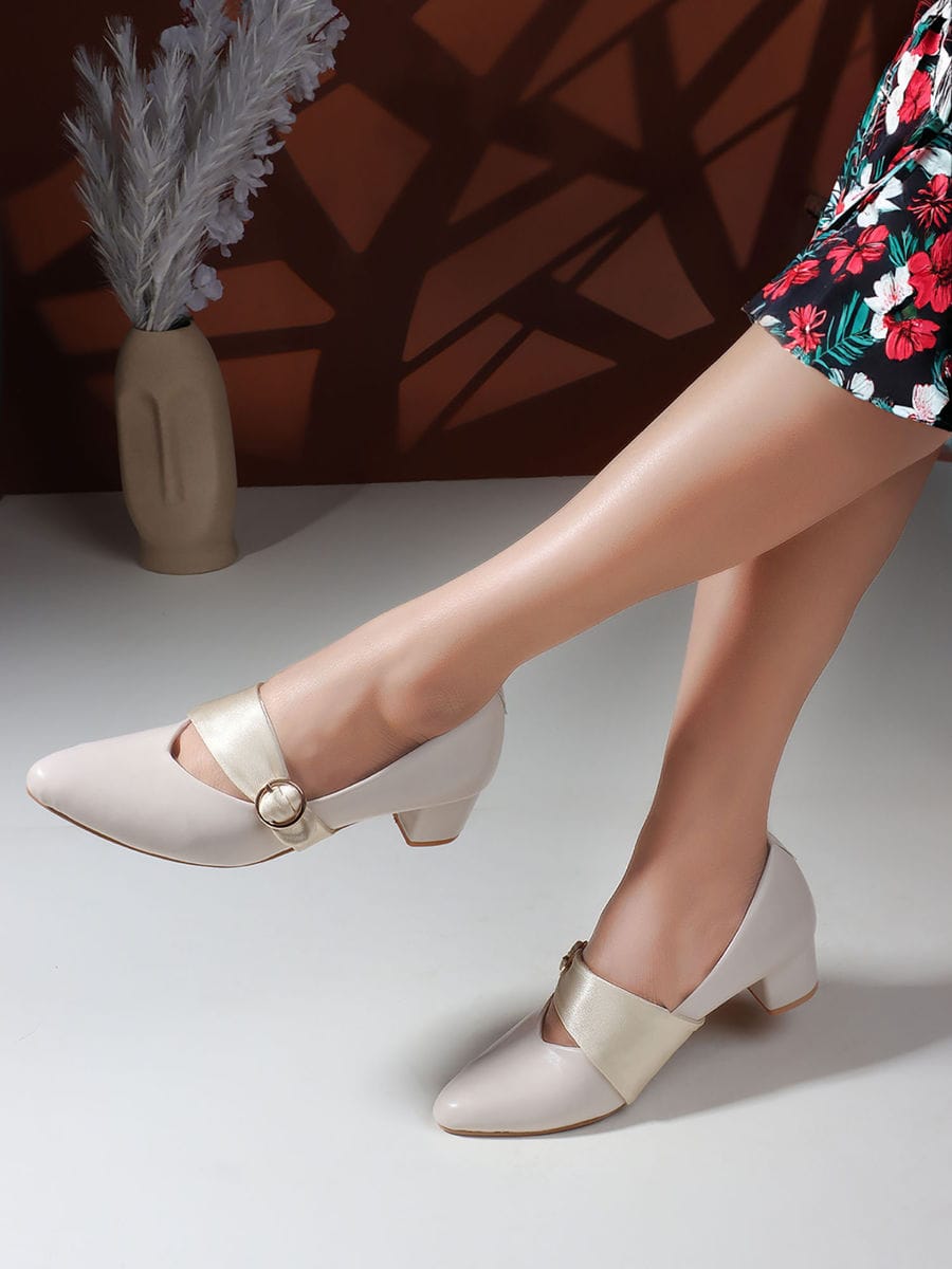 cream solid closed back block pumps