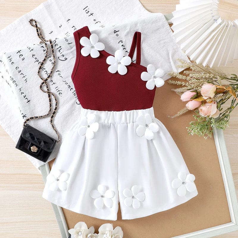 girl's maroon applique top with shorts sets
