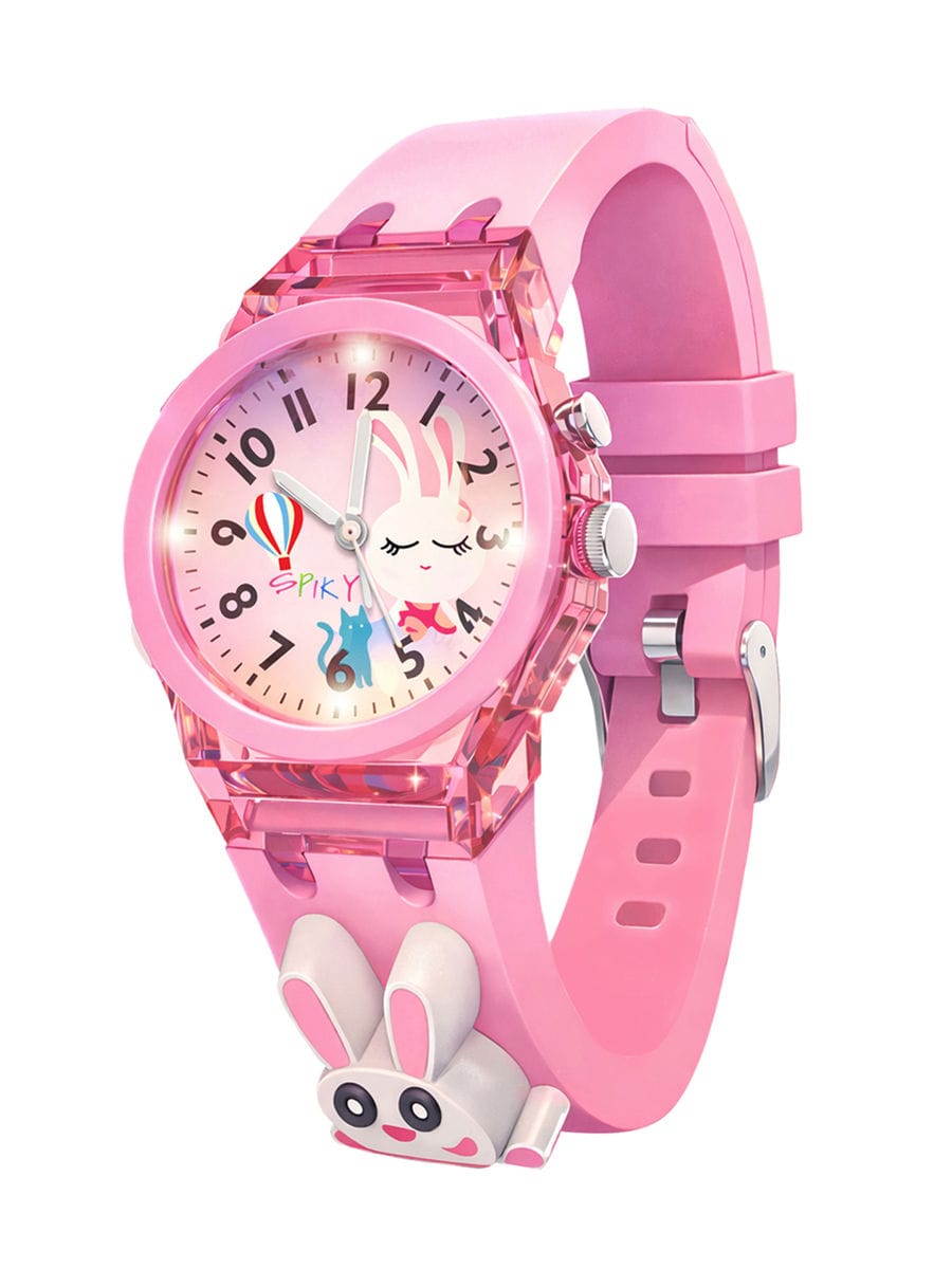 3D Cartoon Kids Analog Watch with 7 Multicolor LED Glowing Lights Pink Watch for Girls