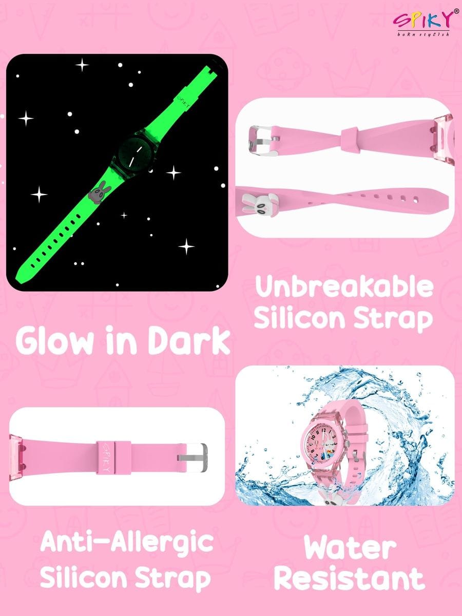 3D Cartoon Kids Analog Watch with 7 Multicolor LED Glowing Lights Pink Watch for Girls