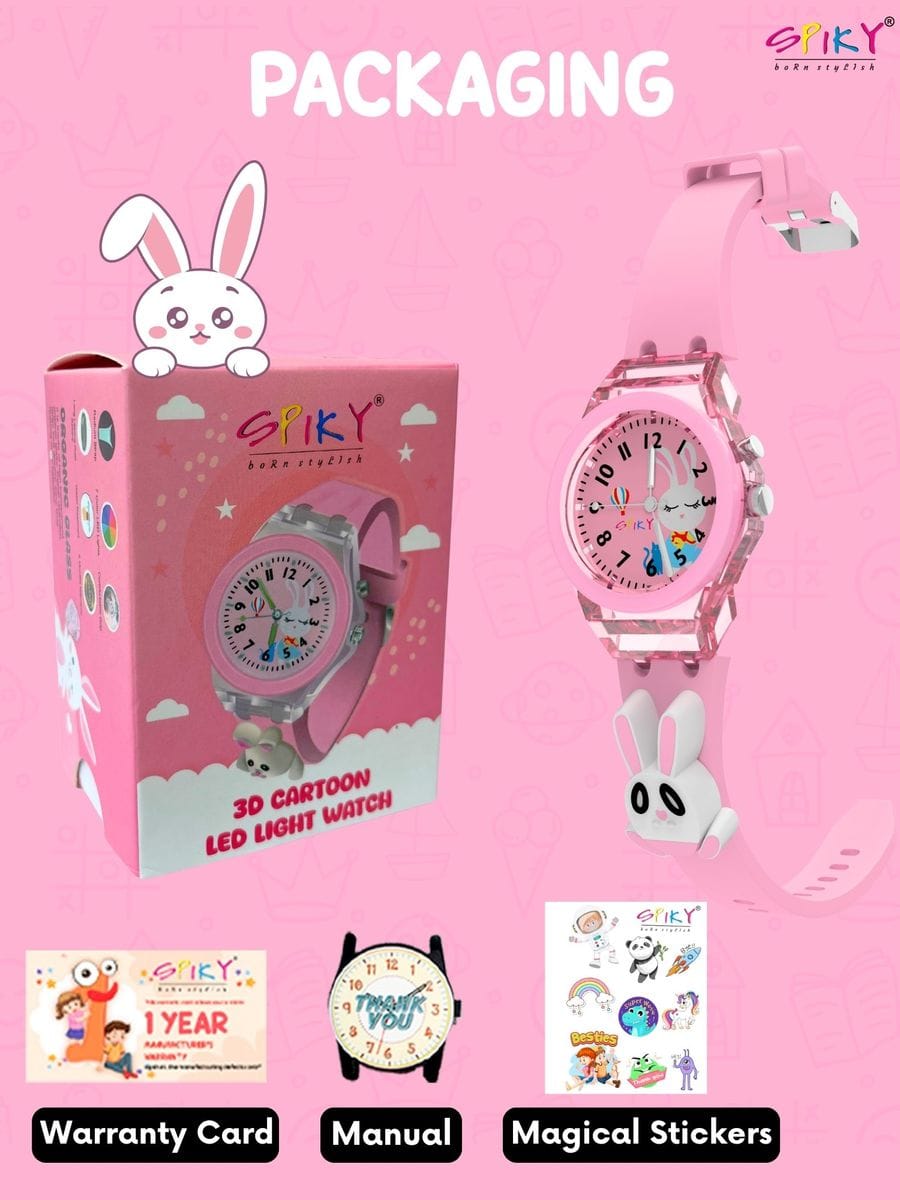 3D Cartoon Kids Analog Watch with 7 Multicolor LED Glowing Lights Pink Watch for Girls