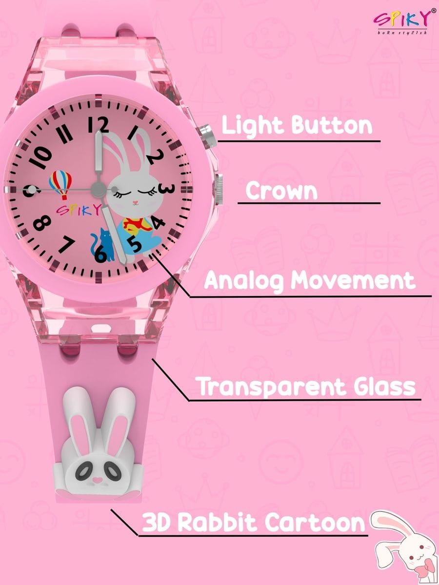 3D Cartoon Kids Analog Watch with 7 Multicolor LED Glowing Lights Pink Watch for Girls