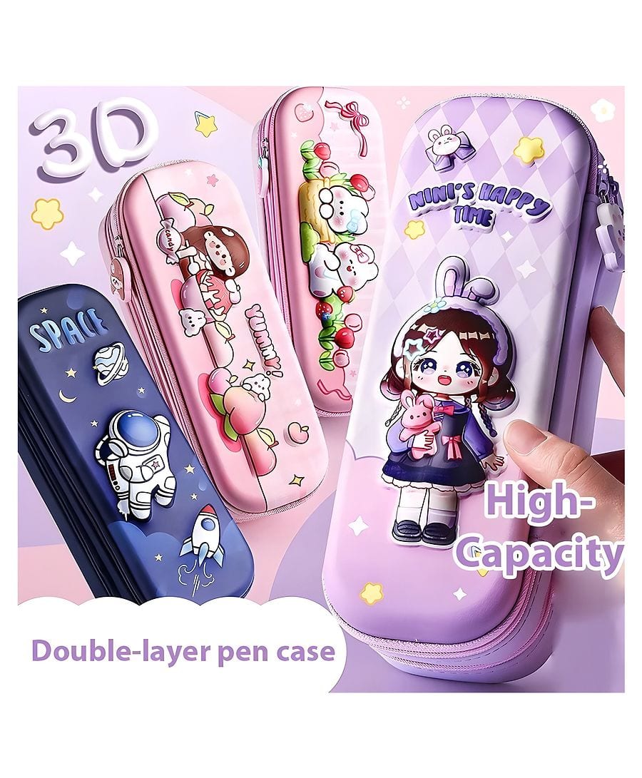 3D rabbit print double layer EVA pencil case for kids