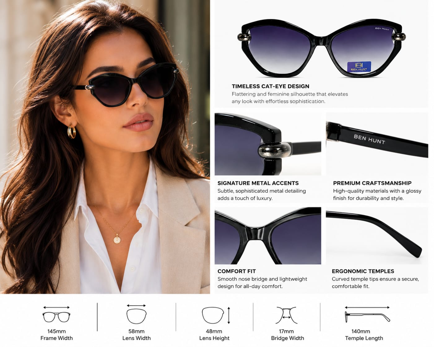 Style with the BEN HUNT Women's Cat Eye Sunglasses.