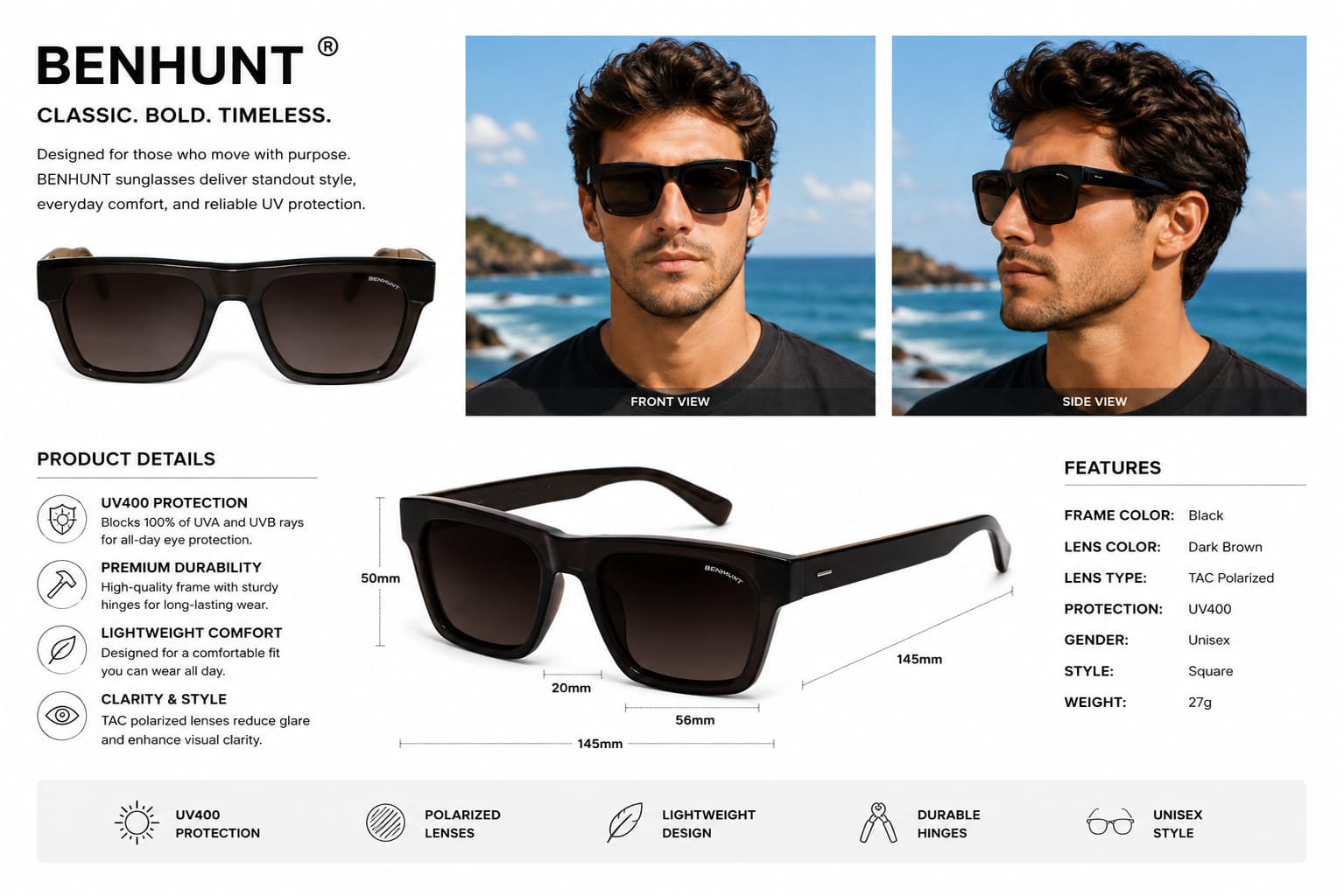 Upgrade your style with BENHUNT Square Polarized Sunglasses