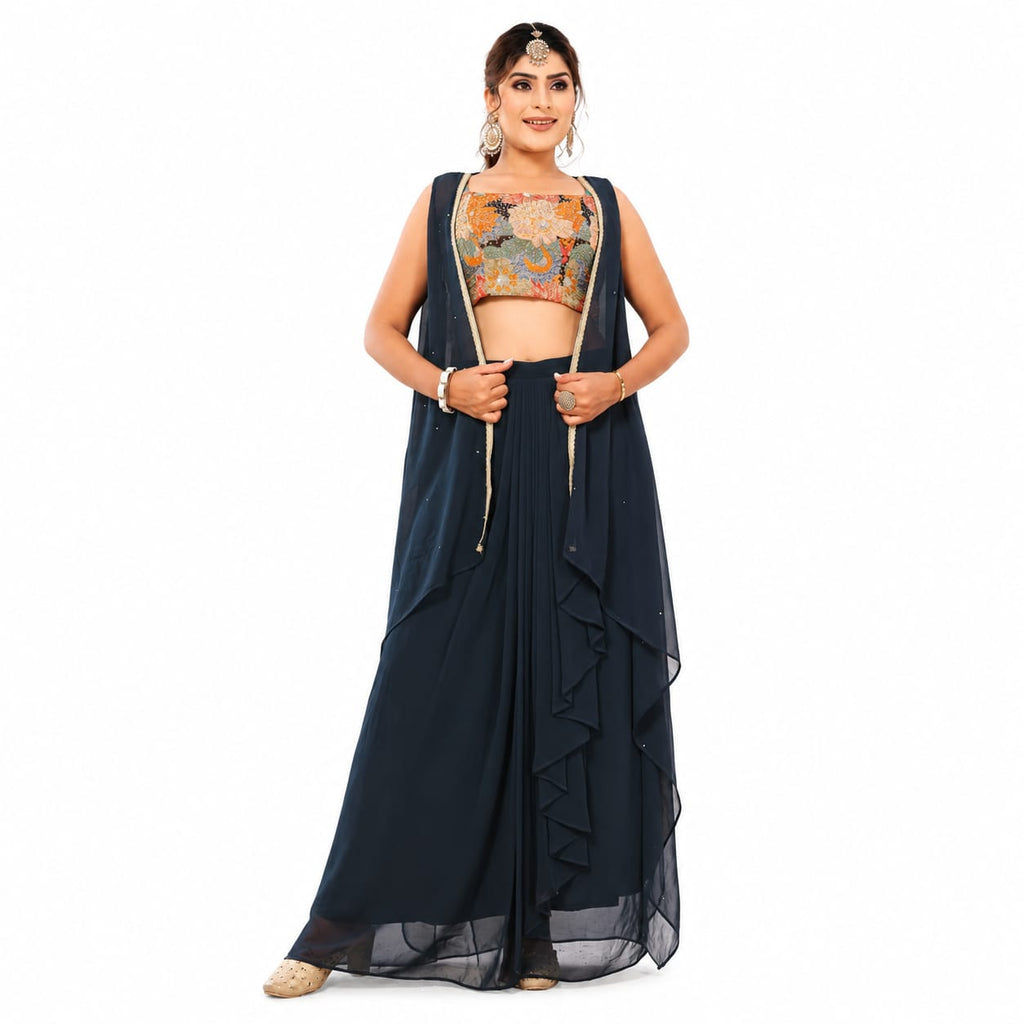 Women's Designer Floral Embroidered Lehenga Set with Cape Jacket