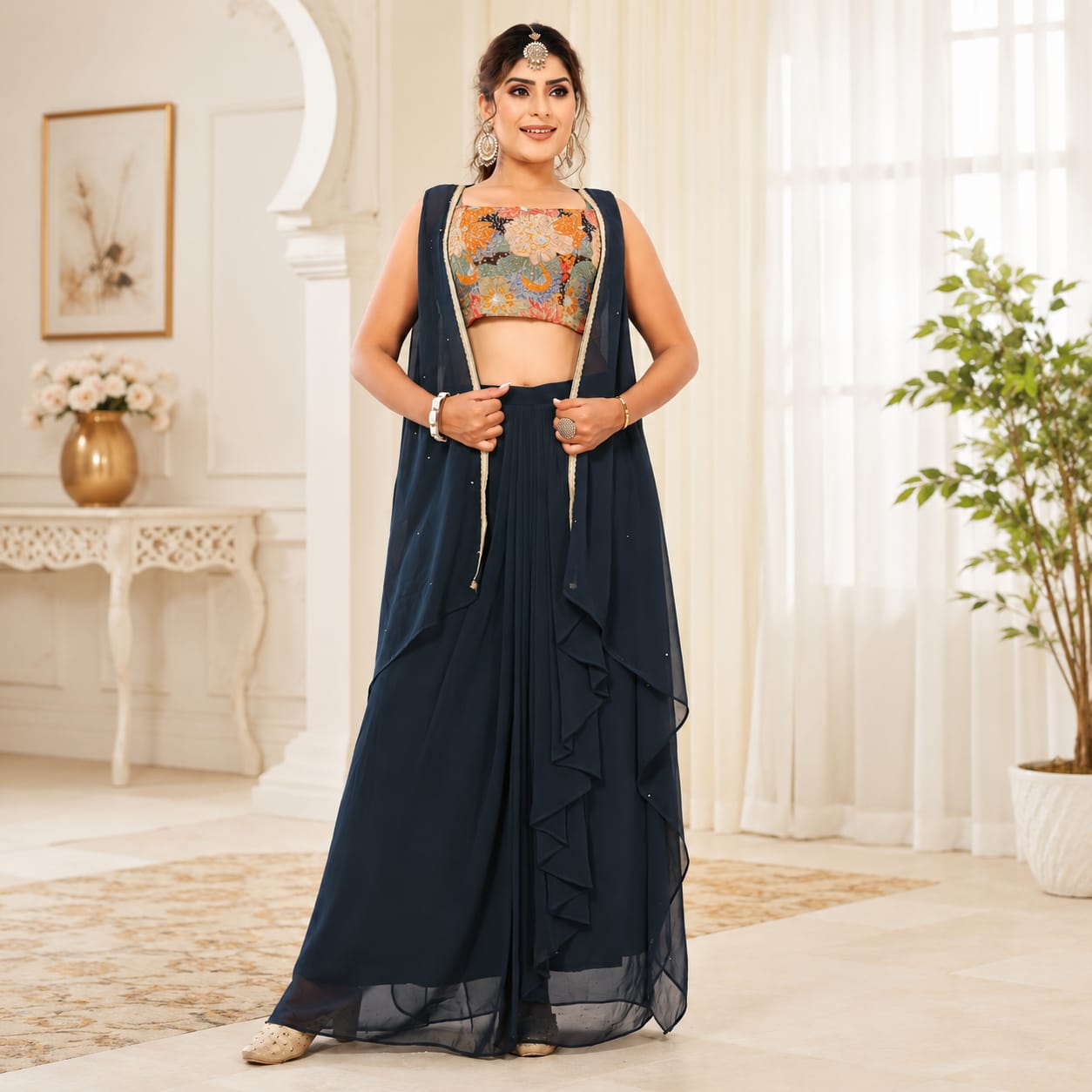 Women's Designer Floral Embroidered Lehenga Set with Cape Jacket
