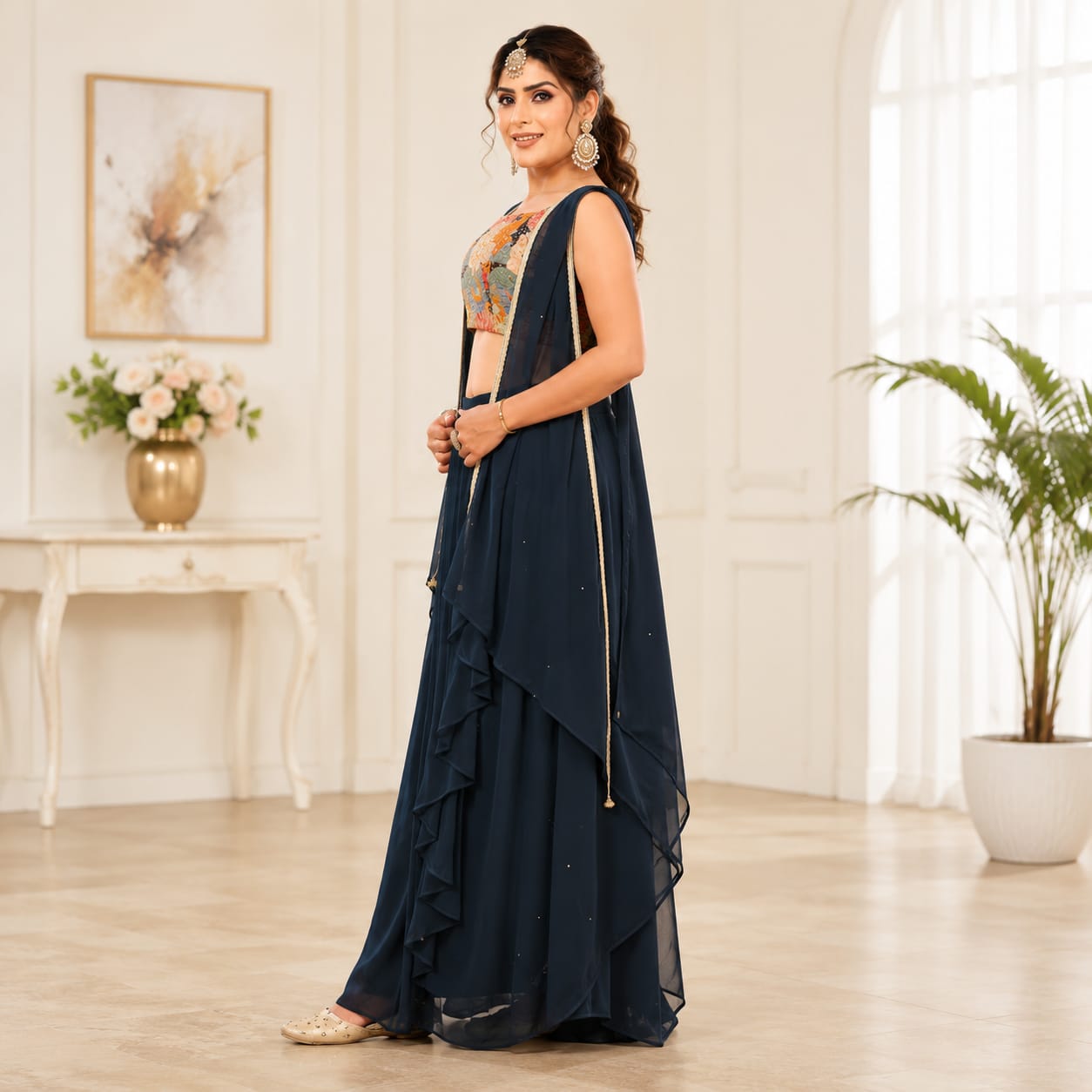 Women's Designer Floral Embroidered Lehenga Set with Cape Jacket