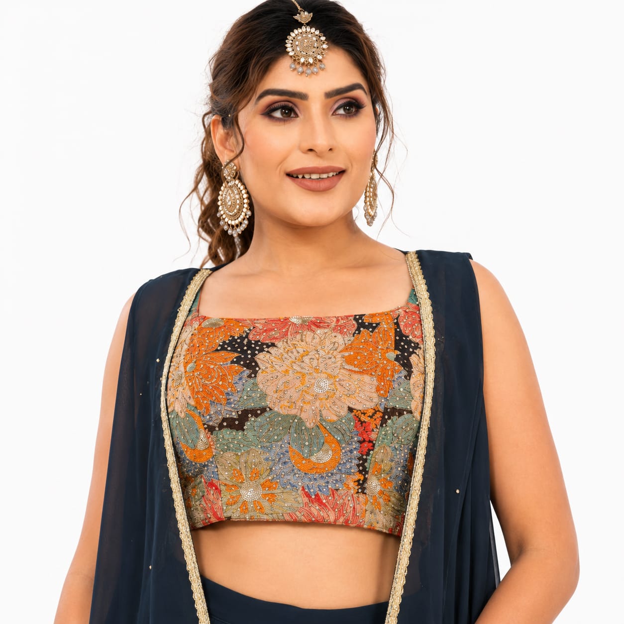 Women's Designer Floral Embroidered Lehenga Set with Cape Jacket