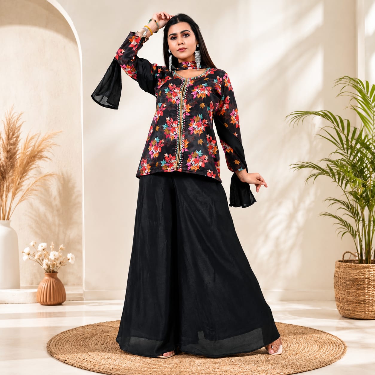 Women's Floral Printed Kurta with Palazzo &amp; Dupatta Set | Round Neck Ethnic Wear |