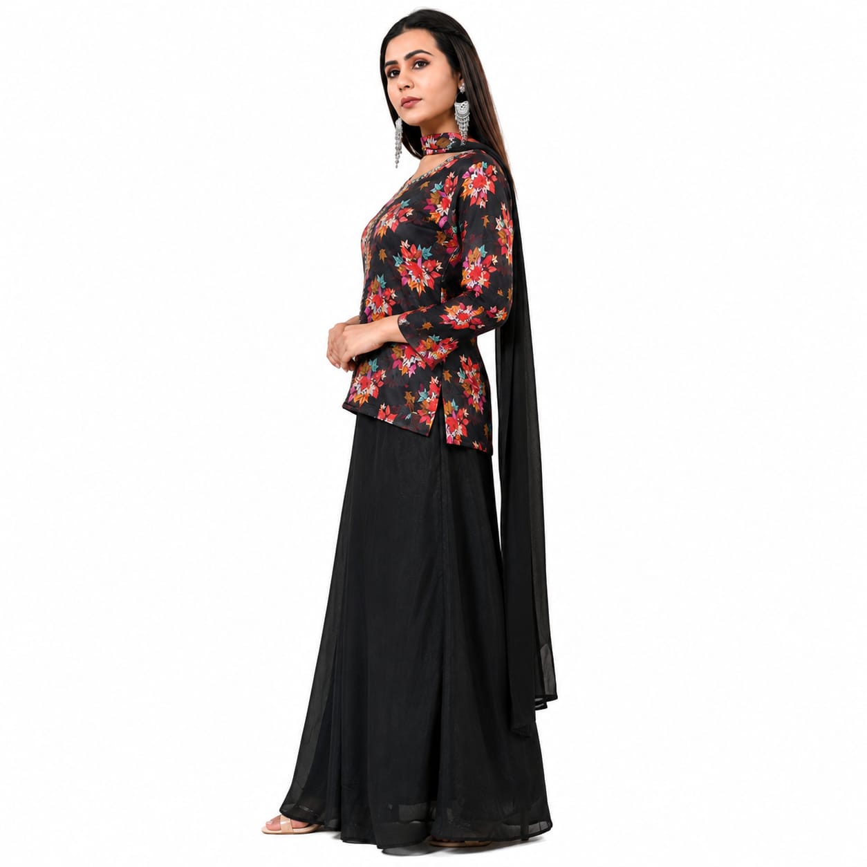 Women's Floral Printed Kurta with Palazzo &amp; Dupatta Set | Round Neck Ethnic Wear |