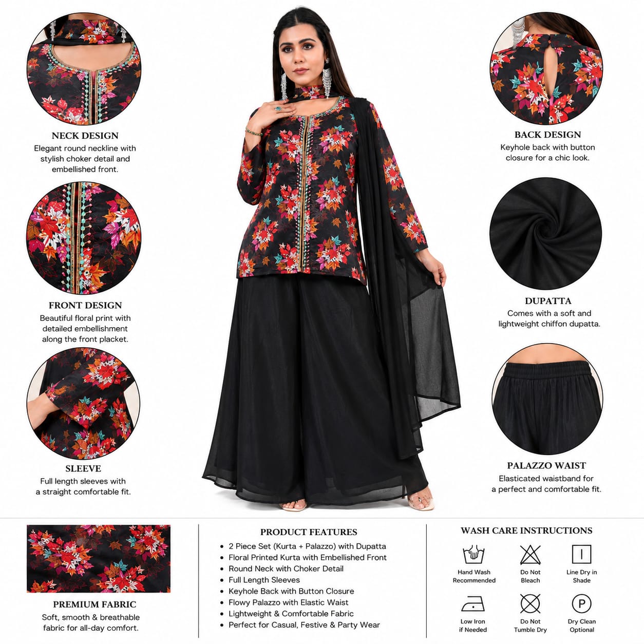 Women's Floral Printed Kurta with Palazzo &amp; Dupatta Set | Round Neck Ethnic Wear |