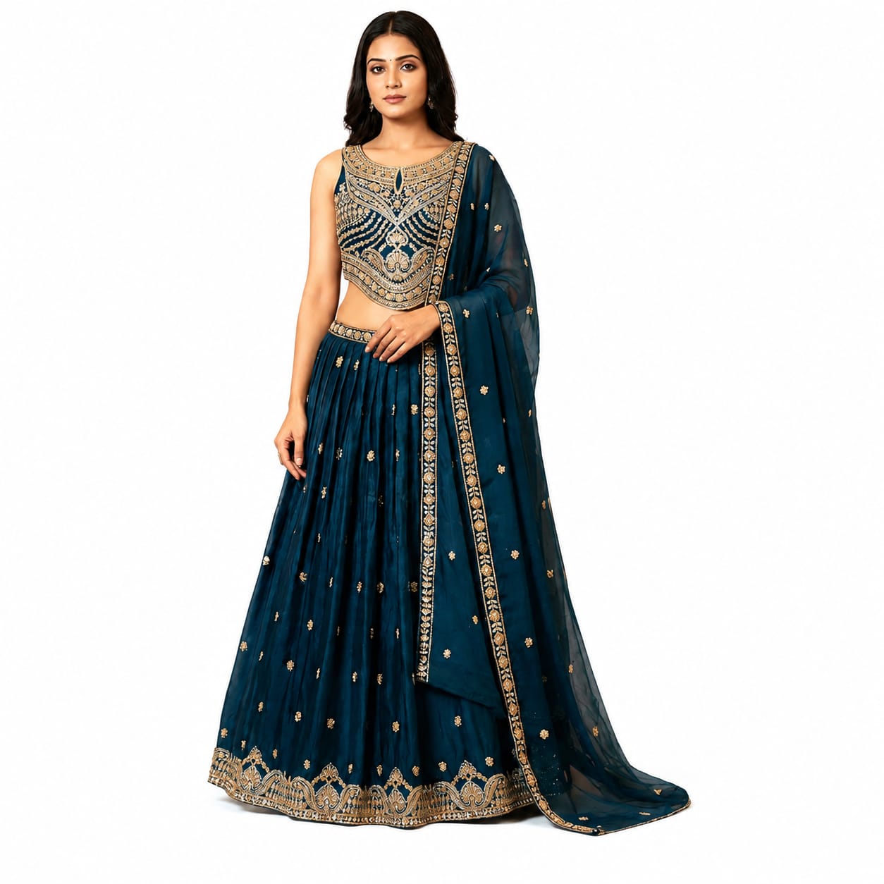 Women's Designer Embroidered Georgette Lehenga Choli with Dupatta – Teal Blue