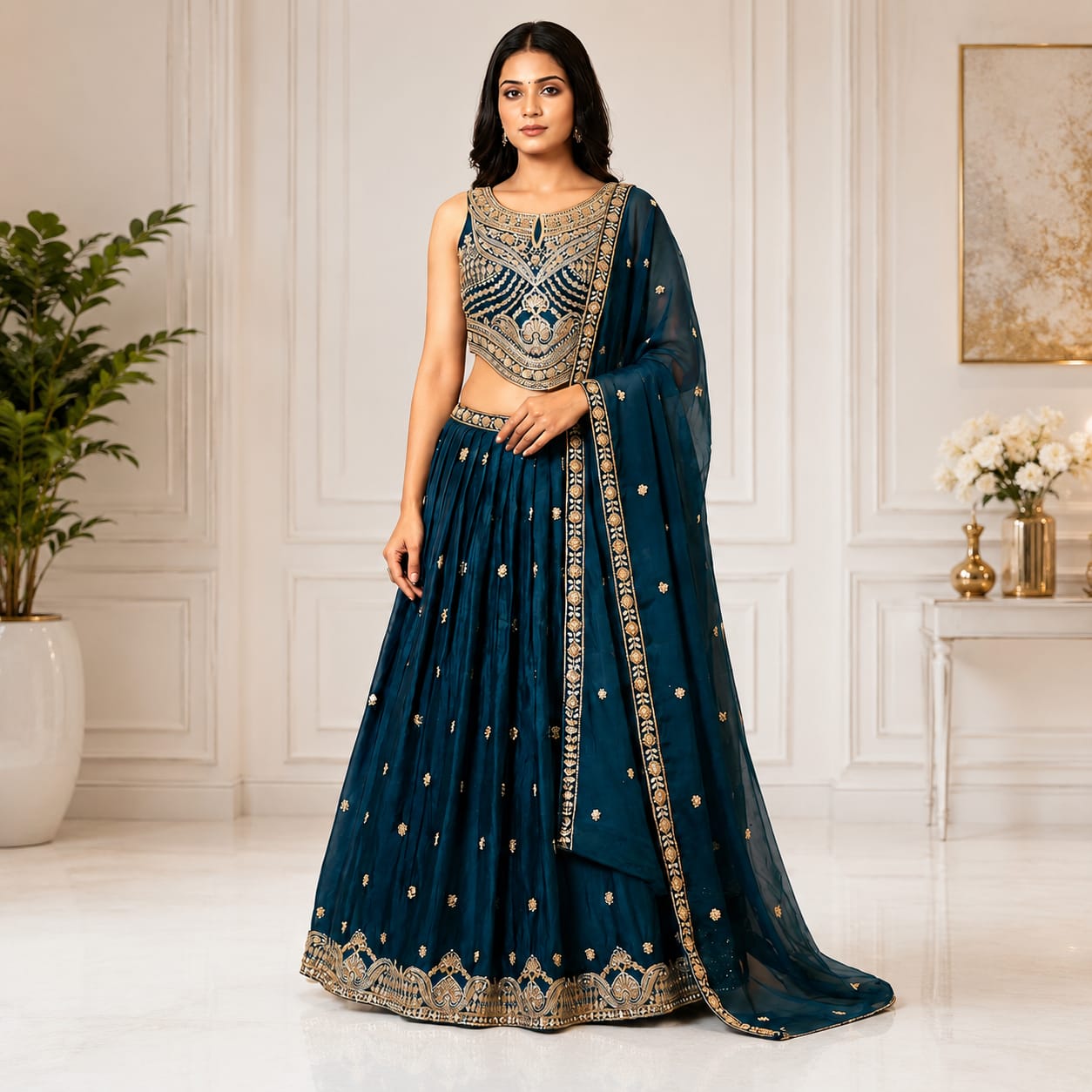 Women's Designer Embroidered Georgette Lehenga Choli with Dupatta – Teal Blue