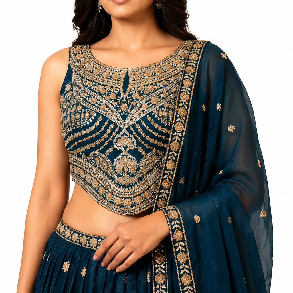 Women's Designer Embroidered Georgette Lehenga Choli with Dupatta – Teal Blue