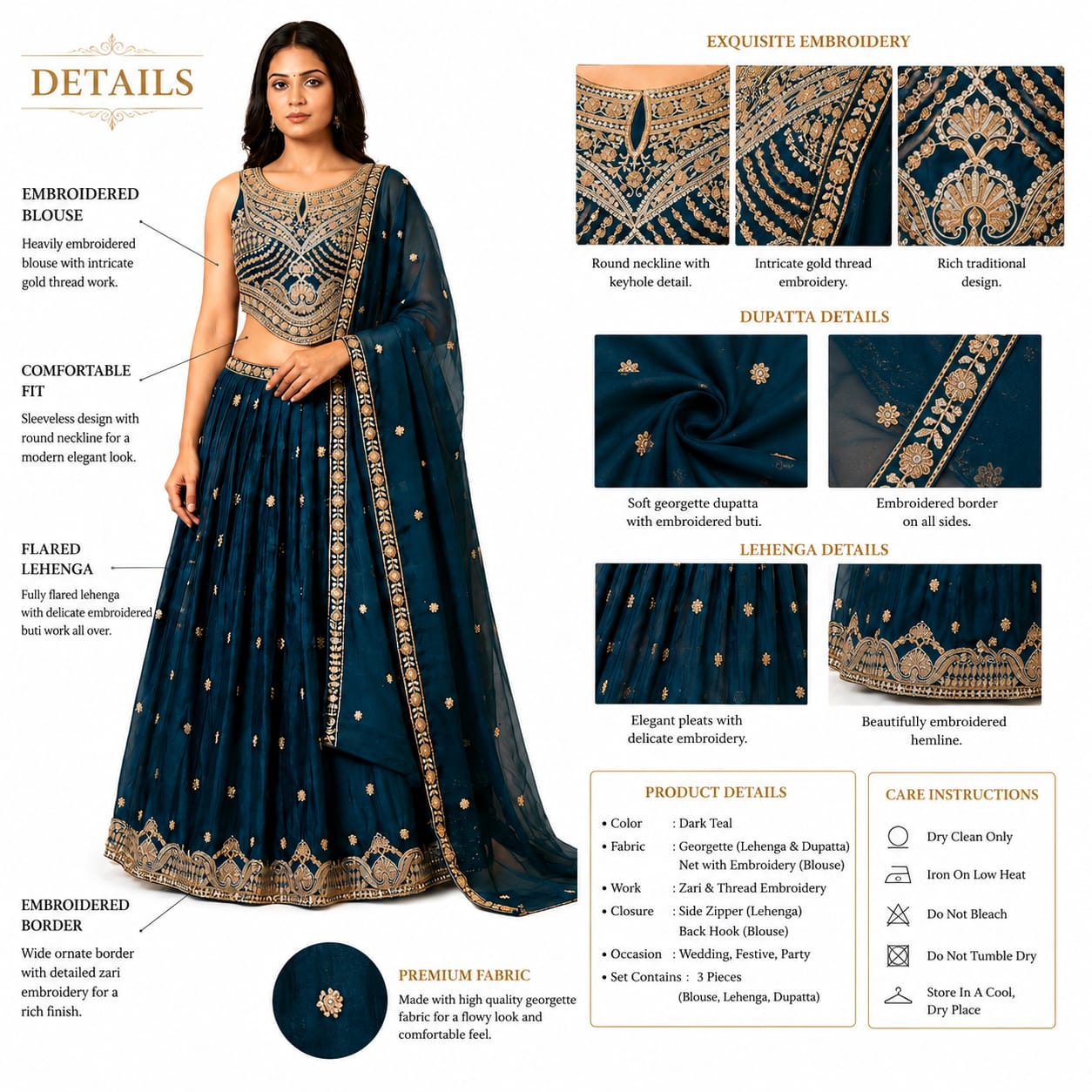 Women's Designer Embroidered Georgette Lehenga Choli with Dupatta – Teal Blue