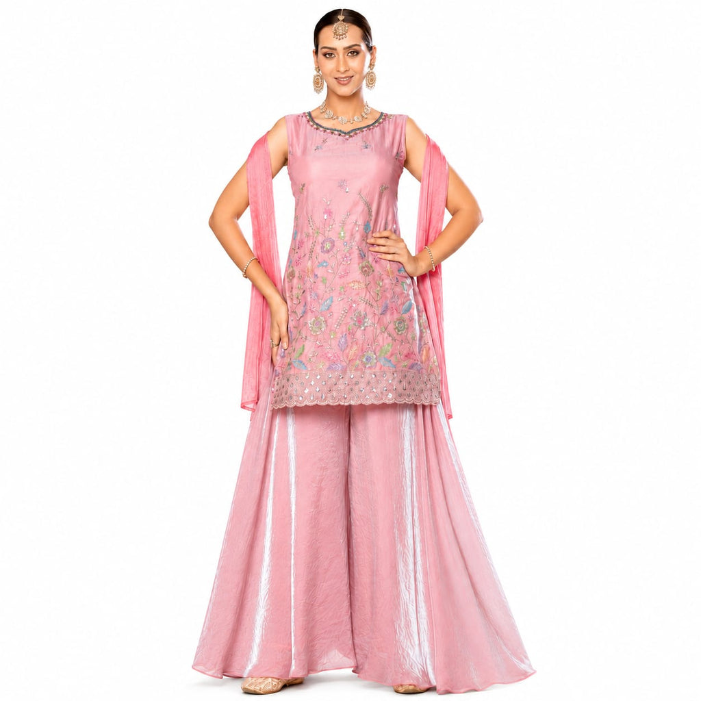 Women's Pink Embroidered Kurta Palazzo Set with Dupatta | Festive &amp; Party Wear Ethnic Suit