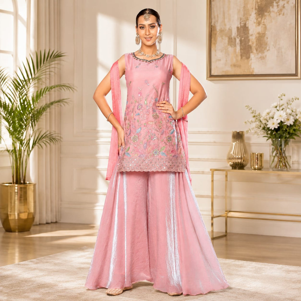 Women's Pink Embroidered Kurta Palazzo Set with Dupatta | Festive &amp; Party Wear Ethnic Suit