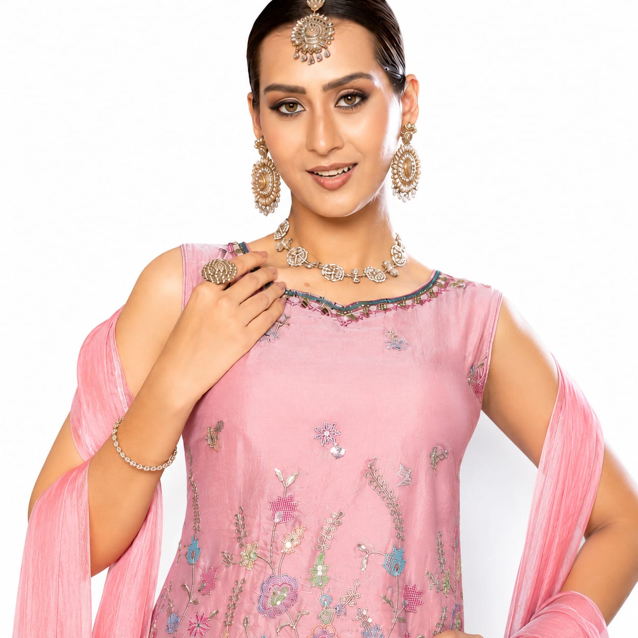 Women's Pink Embroidered Kurta Palazzo Set with Dupatta | Festive &amp; Party Wear Ethnic Suit