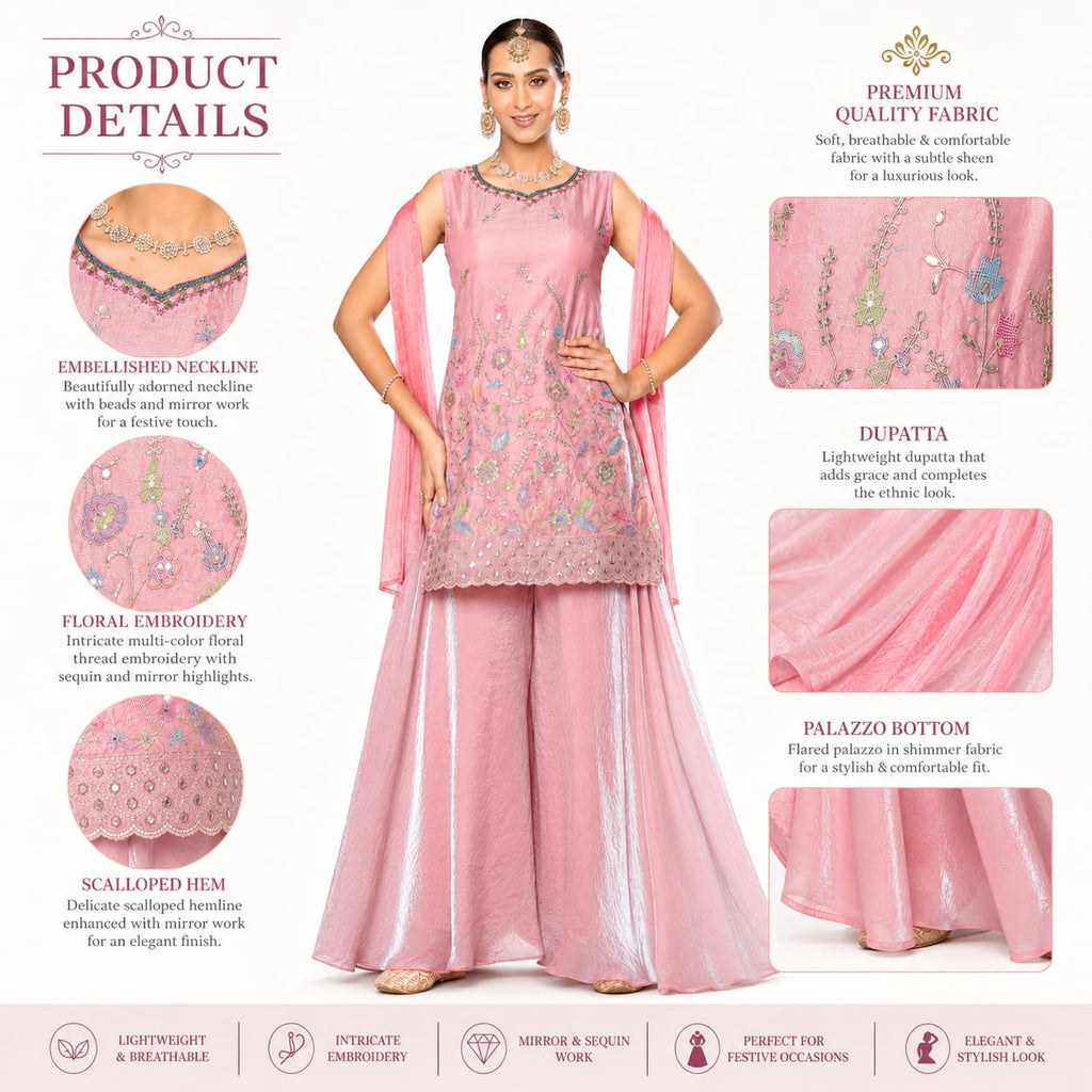 Women's Pink Embroidered Kurta Palazzo Set with Dupatta | Festive &amp; Party Wear Ethnic Suit