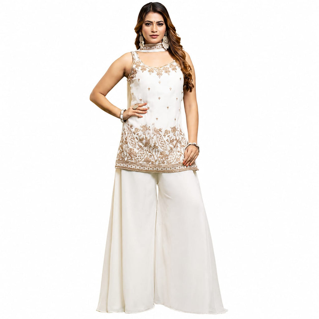 Women's White Embroidered Kurta Palazzo Set with Dupatta | Party Wear Ethnic Suit