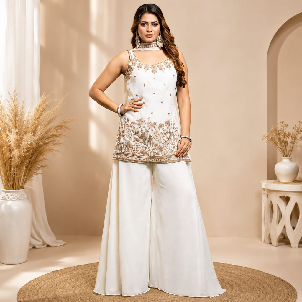 Women's White Embroidered Kurta Palazzo Set with Dupatta | Party Wear Ethnic Suit