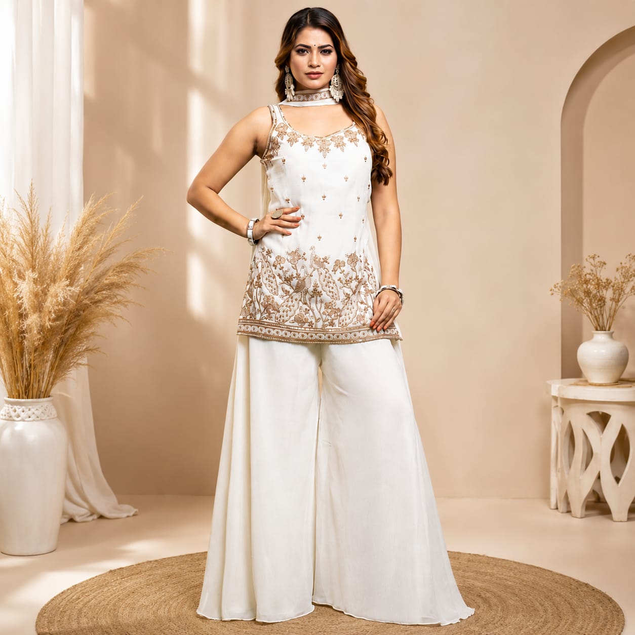 Women's White Embroidered Kurta Palazzo Set with Dupatta | Party Wear Ethnic Suit