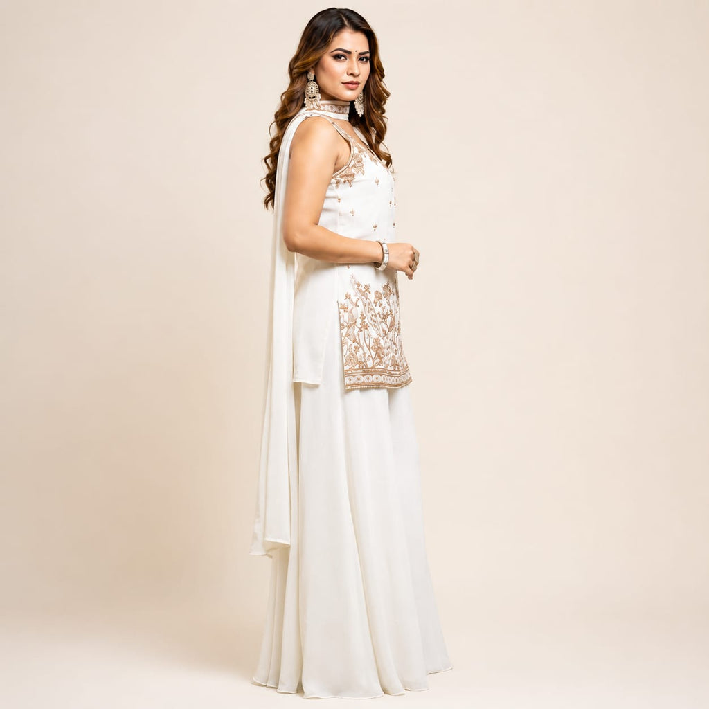 Women's White Embroidered Kurta Palazzo Set with Dupatta | Party Wear Ethnic Suit