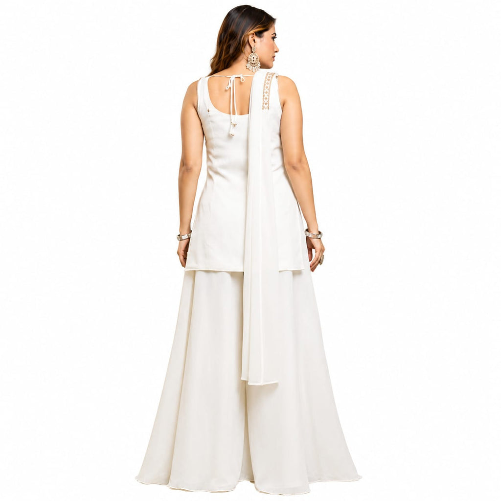 Women's White Embroidered Kurta Palazzo Set with Dupatta | Party Wear Ethnic Suit