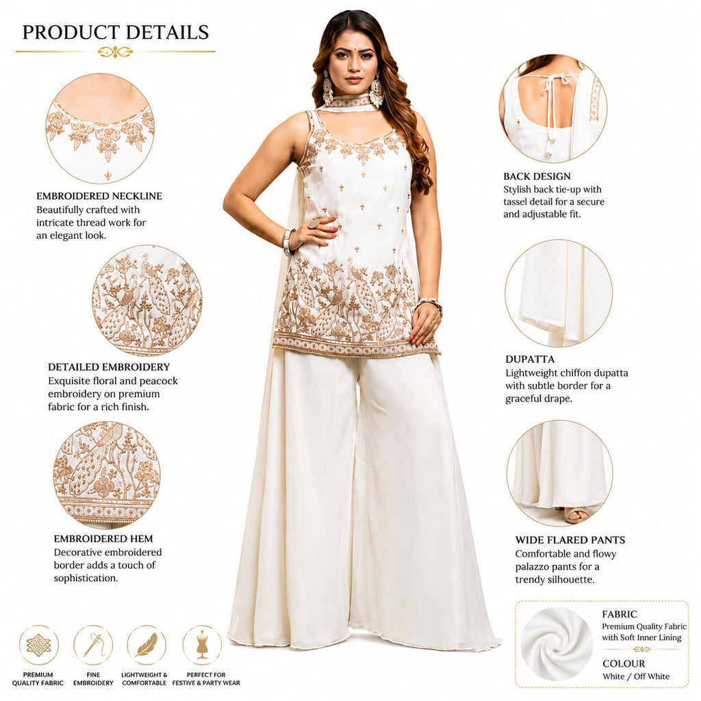 Women's White Embroidered Kurta Palazzo Set with Dupatta | Party Wear Ethnic Suit