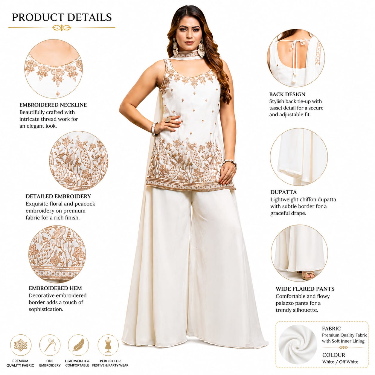 Women's White Embroidered Kurta Palazzo Set with Dupatta | Party Wear Ethnic Suit