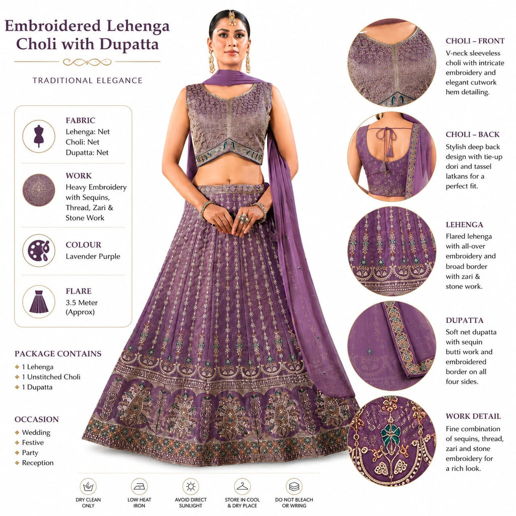 Women's Premium Embroidered Purple Lehenga Choli with Dupatta | Wedding, Bridal &amp; Festive Wear