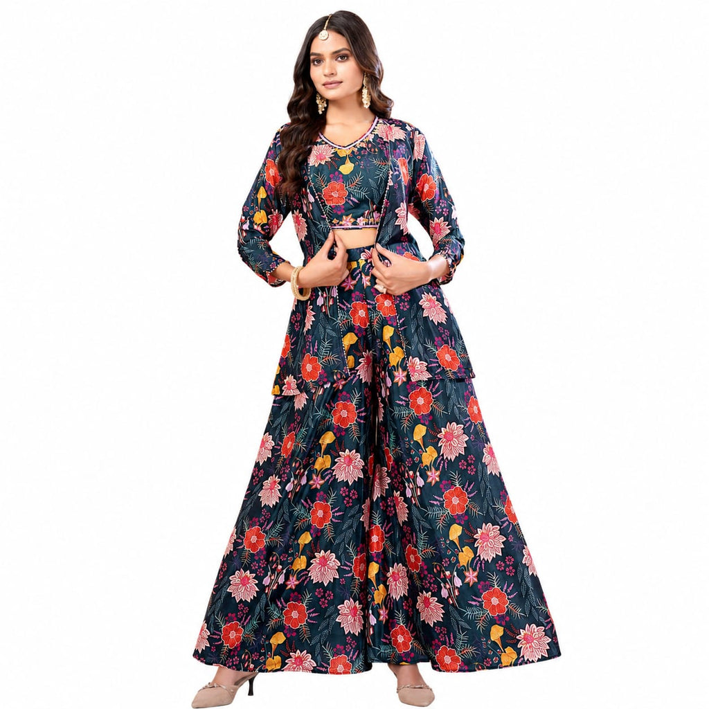 Women's Floral Printed Co-Ord Set with Crop Top, Shrug &amp; Palazzo Pants