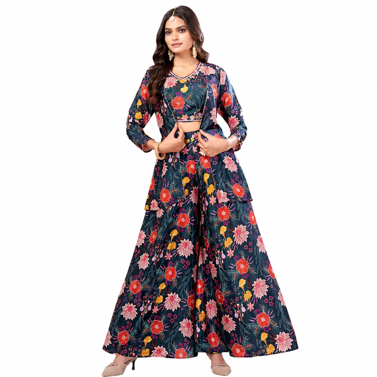 Women's Floral Printed Co-Ord Set with Crop Top, Shrug &amp; Palazzo Pants