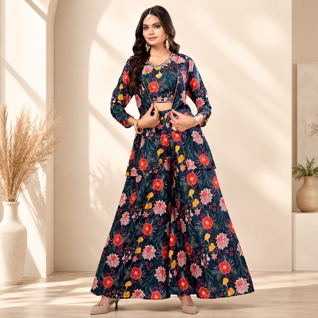 Women's Floral Printed Co-Ord Set with Crop Top, Shrug &amp; Palazzo Pants