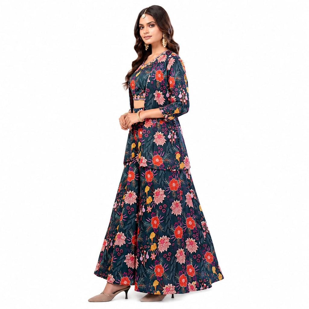 Women's Floral Printed Co-Ord Set with Crop Top, Shrug &amp; Palazzo Pants