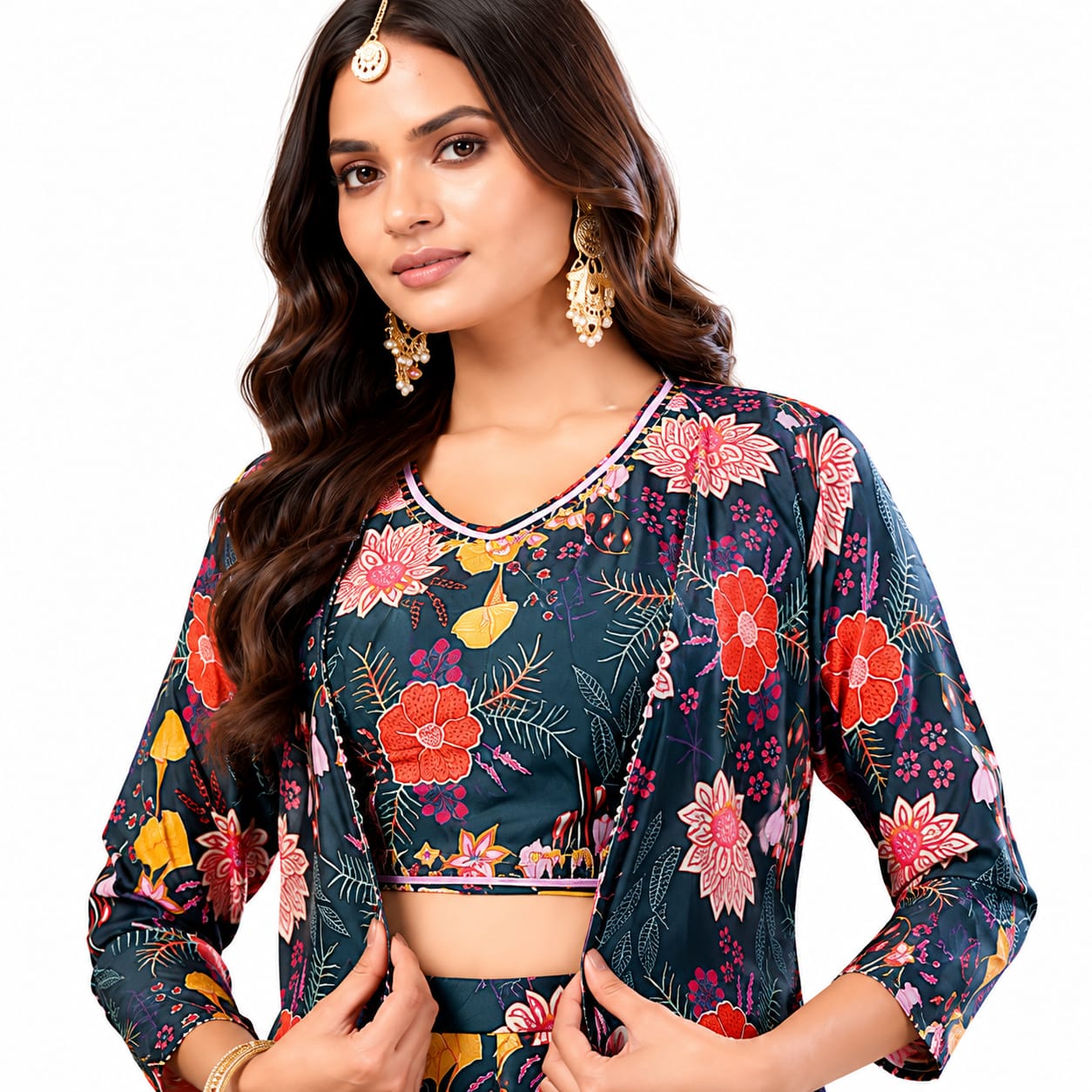 Women's Floral Printed Co-Ord Set with Crop Top, Shrug &amp; Palazzo Pants