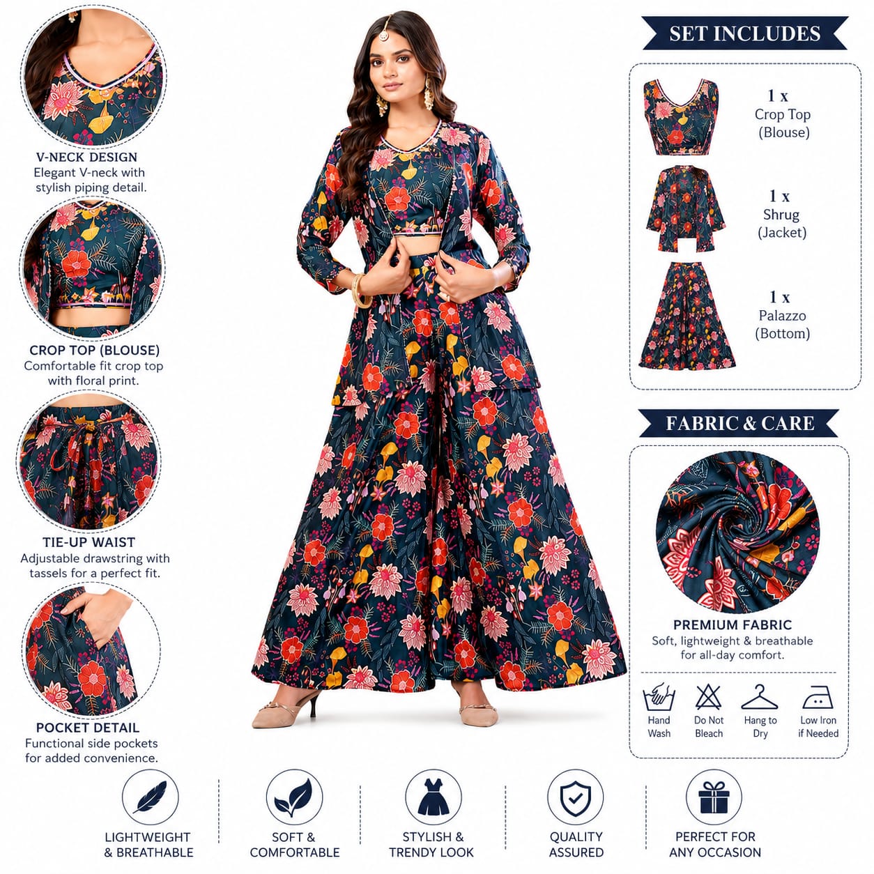 Women's Floral Printed Co-Ord Set with Crop Top, Shrug &amp; Palazzo Pants