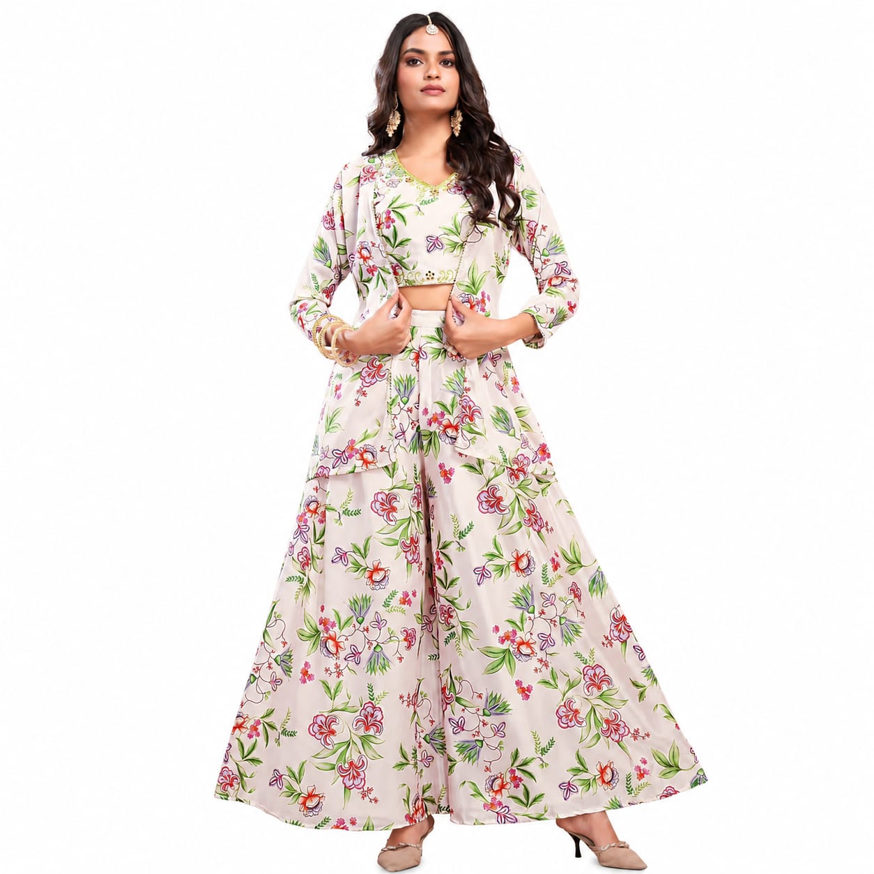 Premium Women's Floral Printed Co-Ord Set with Jacket &amp; Palazzo Pants