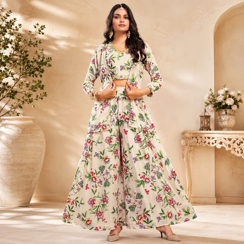 Premium Women's Floral Printed Co-Ord Set with Jacket &amp; Palazzo Pants