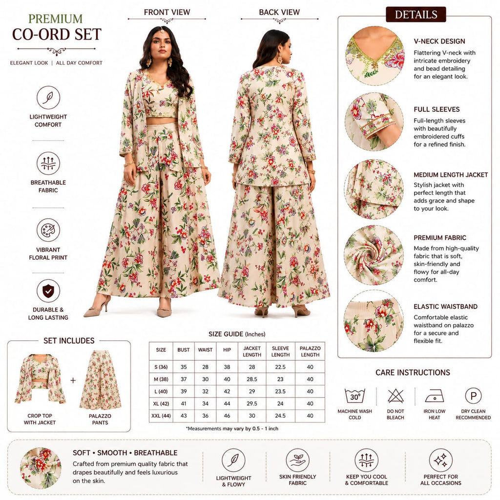Premium Women's Floral Printed Co-Ord Set with Jacket &amp; Palazzo Pants