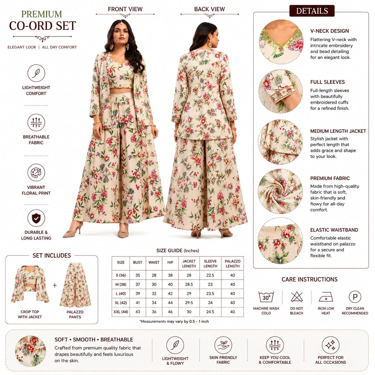 Premium Women's Floral Printed Co-Ord Set with Jacket &amp; Palazzo Pants