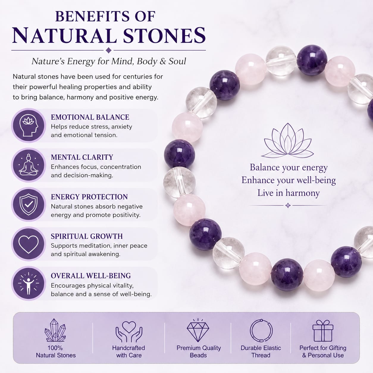 ANS BILLION Natural Rose Quartz, Amethyst &amp; Clear Quartz Crystal Bracelet for Men &amp; Women | 8 mm Genuine Gemstone Beads