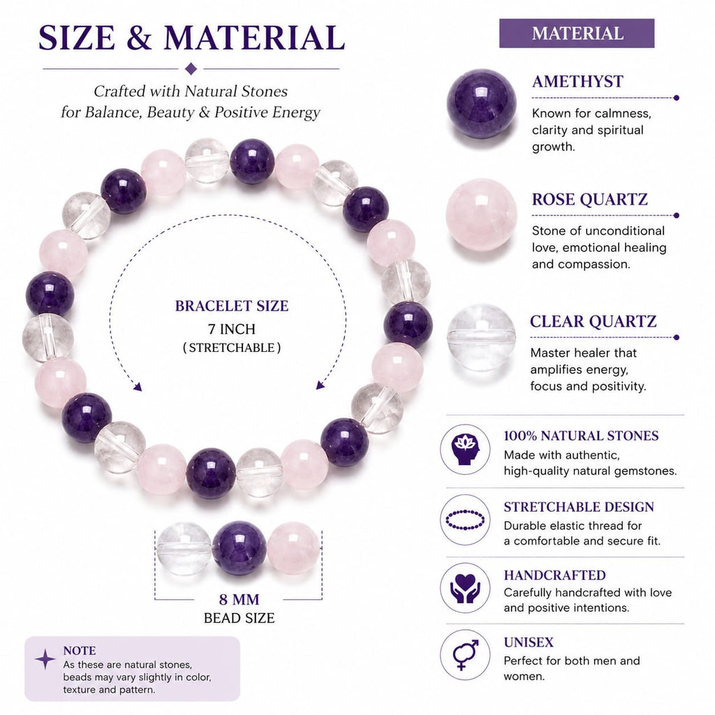 ANS BILLION Natural Rose Quartz, Amethyst &amp; Clear Quartz Crystal Bracelet for Men &amp; Women | 8 mm Genuine Gemstone Beads