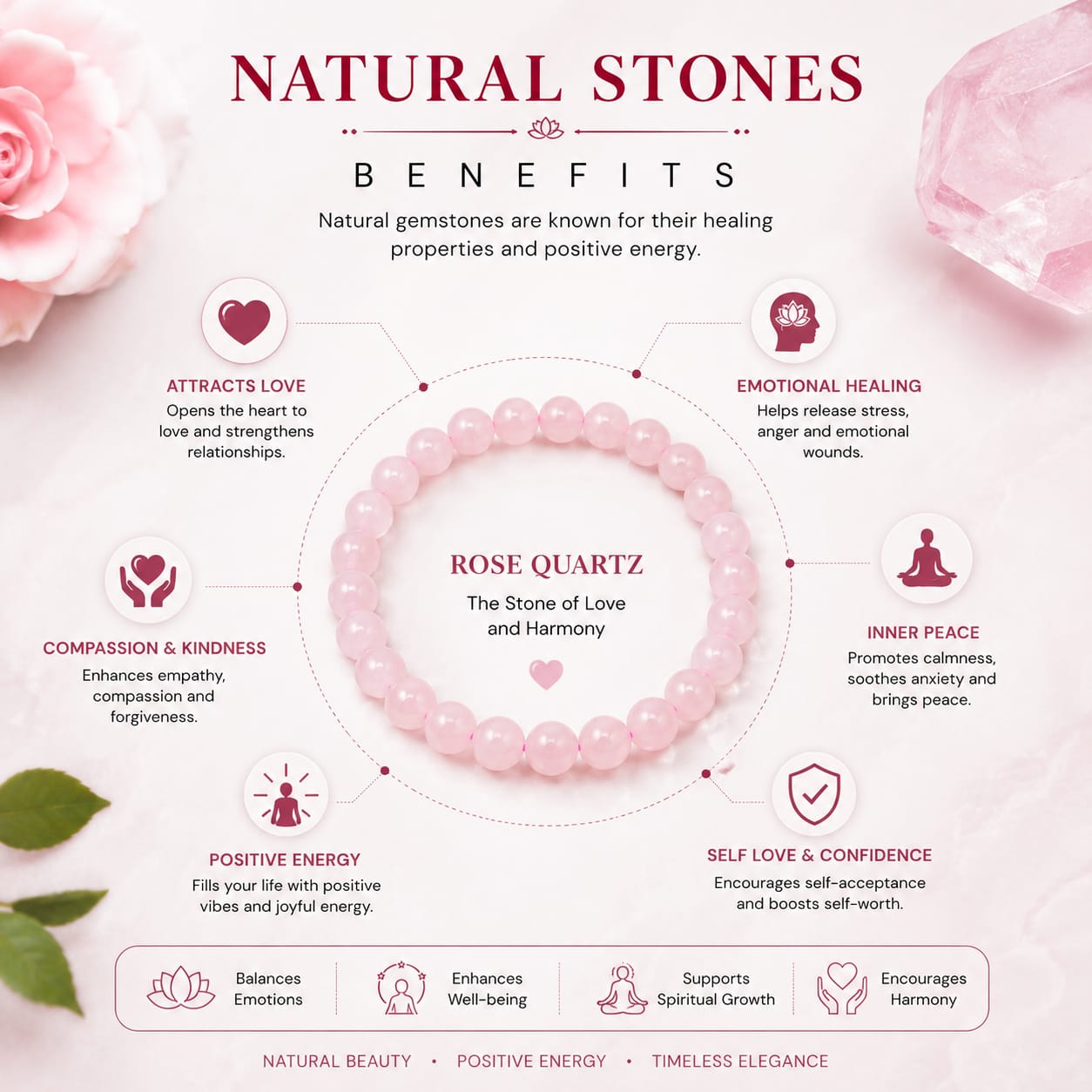 ANS Billion Natural Rose Quartz Bracelet for Women &amp; Men