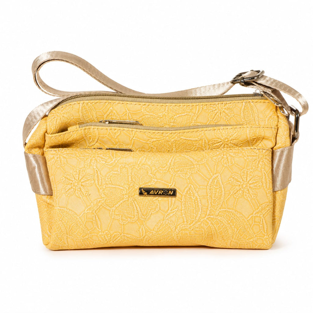 Women's Premium Embossed PU Leather Sling Bag | Multi Pocket Crossbody Shoulder Bag | Adjustable Strap | Lightweight Everyday Travel Handbag | Yellow Brand