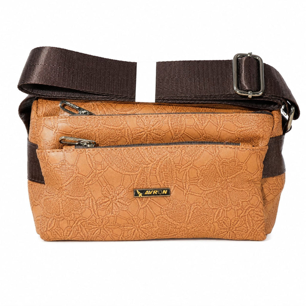 Premium PU Leather Crossbody Sling Bag for Women | Floral Embossed Shoulder Bag | Adjustable Strap | Multi-Zip Travel & Daily Use Messenger Bag | Tan Brown