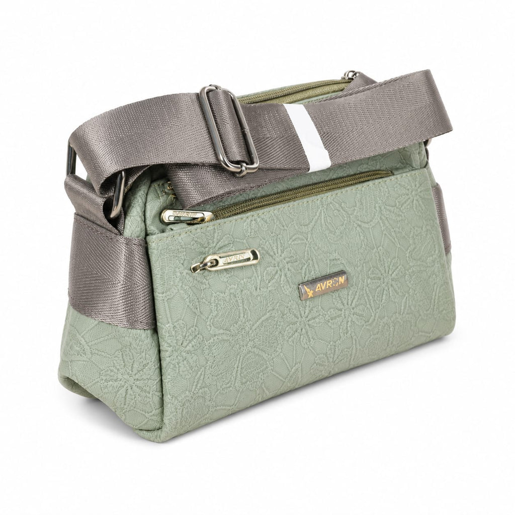 Women's Crossbody Sling Bag | Premium Embossed PU Leather Shoulder Bag | Multi-Zip Compartments | Adjustable Strap | Lightweight Everyday Purse | Sage Green