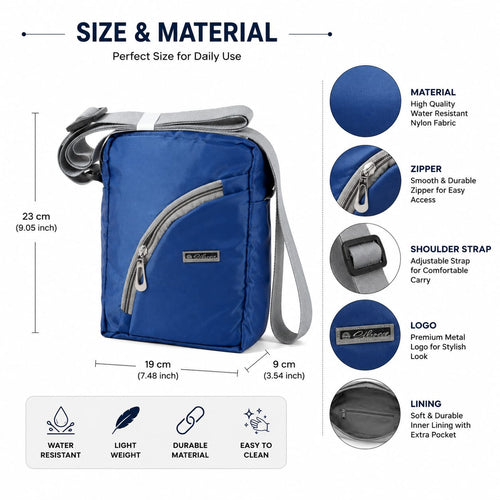 Blue Water-Resistant Sling Bag for Men & Women | Lightweight Crossbody Shoulder Bag | Multiple Zipper Pockets | Adjustable Strap | Daily Travel Office Casual Bag