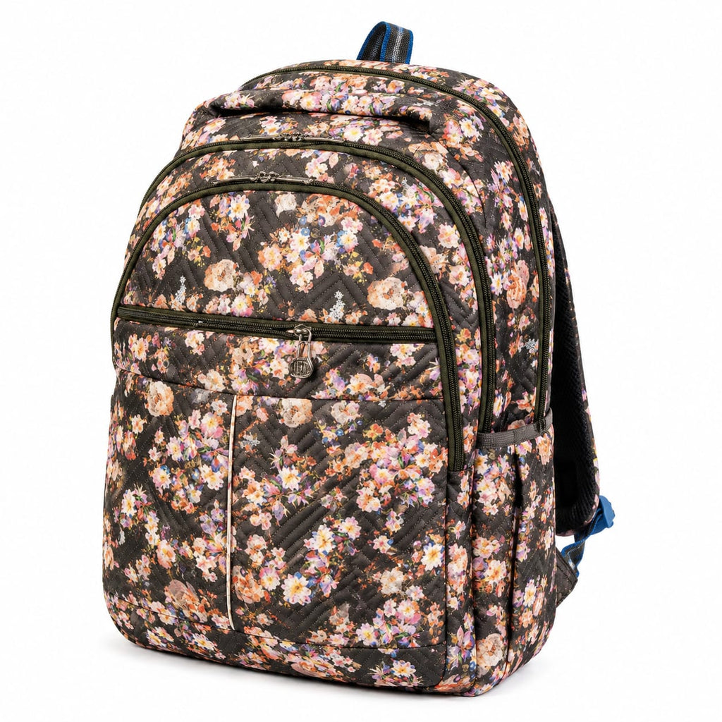 Floral Printed Quilted Backpack for Girls & Women | Lightweight Water-Resistant School, College & Travel Bag | Multi-Compartment Laptop Backpack | Black Floral